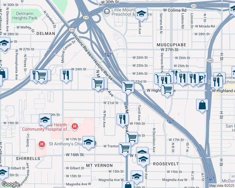 map of restaurants, bars, coffee shops, grocery stores, and more near 2195 Herrington Avenue North in San Bernardino