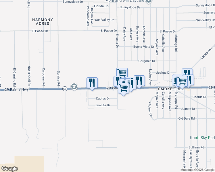 map of restaurants, bars, coffee shops, grocery stores, and more near 71630 29 Palms Highway in Twentynine Palms