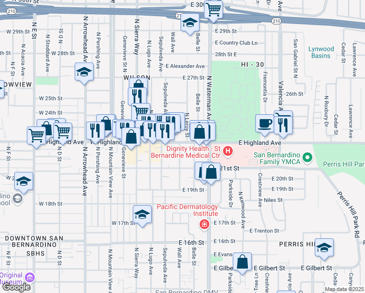 map of restaurants, bars, coffee shops, grocery stores, and more near 263 East Highland Avenue in San Bernardino
