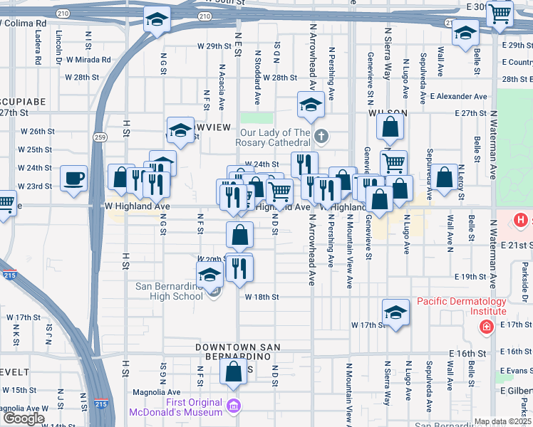 map of restaurants, bars, coffee shops, grocery stores, and more near 421 West Highland Avenue in San Bernardino