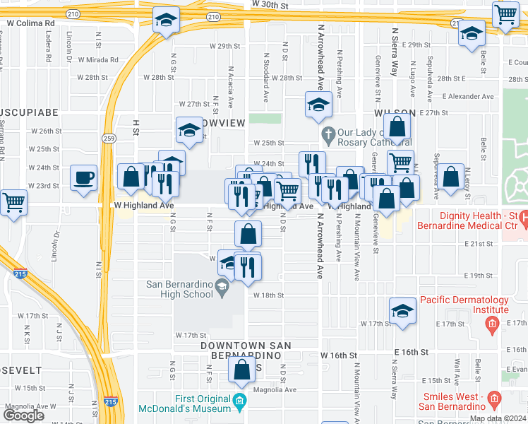 map of restaurants, bars, coffee shops, grocery stores, and more near 457 West Highland Avenue in San Bernardino