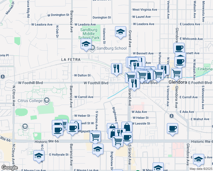 map of restaurants, bars, coffee shops, grocery stores, and more near 630 West Foothill Boulevard in Glendora