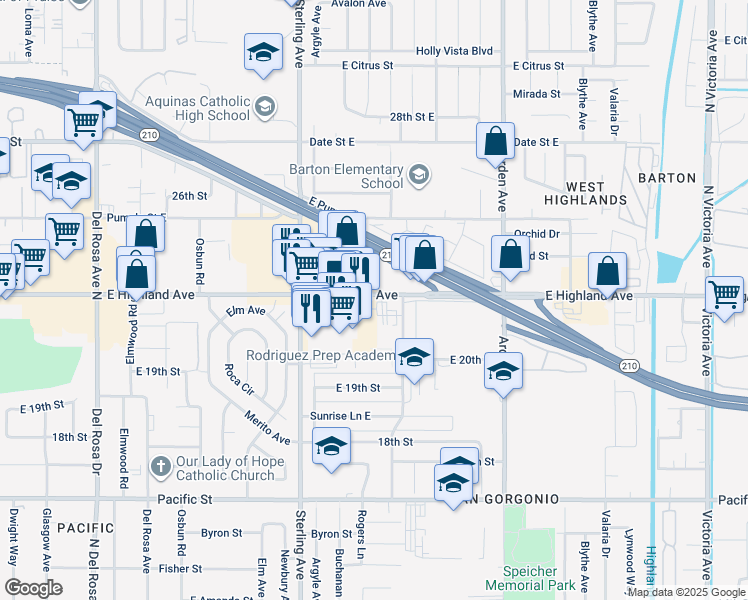 map of restaurants, bars, coffee shops, grocery stores, and more near 2185 East Highland Avenue in San Bernardino