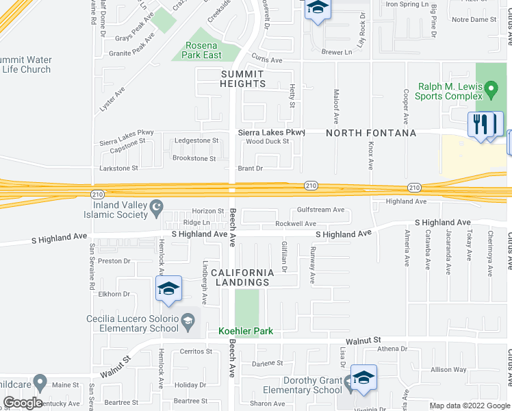 map of restaurants, bars, coffee shops, grocery stores, and more near 15372 Citation Avenue in Fontana