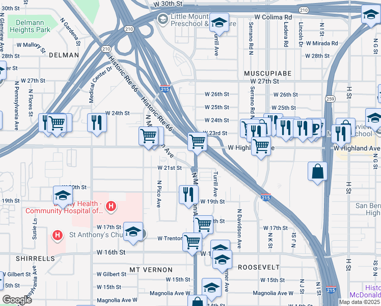 map of restaurants, bars, coffee shops, grocery stores, and more near 2176 North Mount Vernon Avenue in San Bernardino