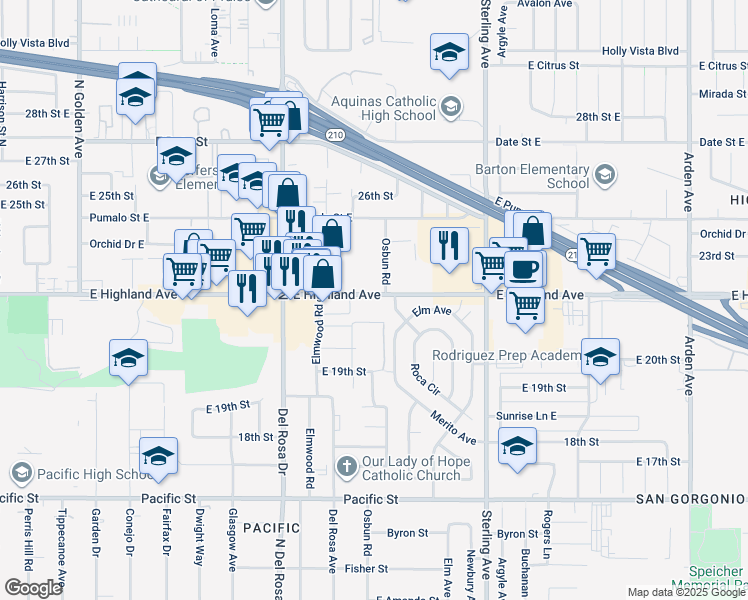 map of restaurants, bars, coffee shops, grocery stores, and more near 1755 East Highland Avenue in San Bernardino
