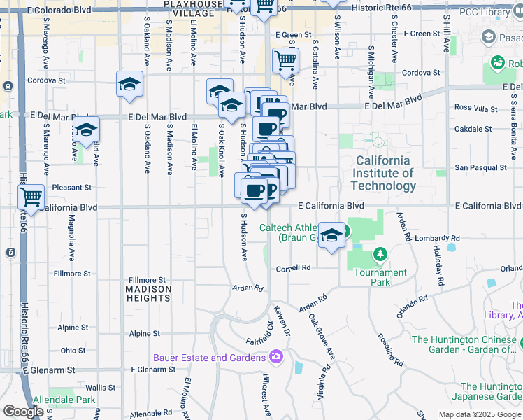 map of restaurants, bars, coffee shops, grocery stores, and more near 605 South Lake Avenue in Pasadena