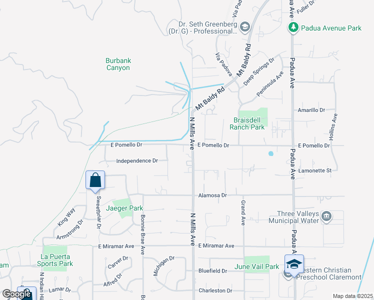 map of restaurants, bars, coffee shops, grocery stores, and more near 3643 North Mills Avenue in Claremont