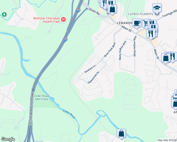 map of restaurants, bars, coffee shops, grocery stores, and more near 165 Swanee Lane in Woodstock