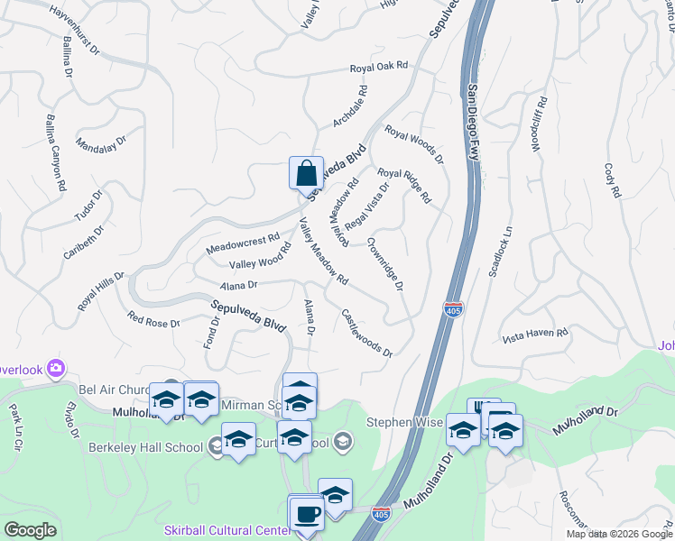 map of restaurants, bars, coffee shops, grocery stores, and more near 3600 Valley Meadow Road in Los Angeles
