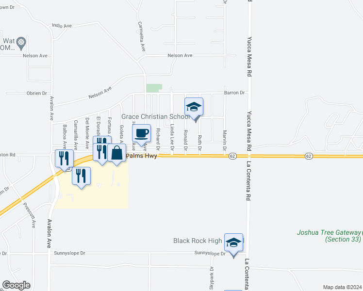 map of restaurants, bars, coffee shops, grocery stores, and more near 6470 Ronald Drive in Yucca Valley