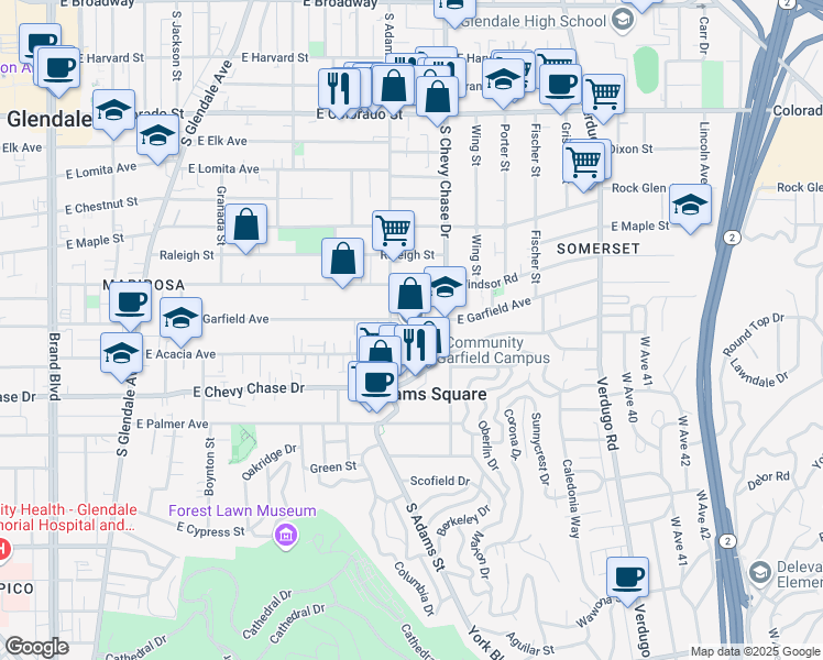 map of restaurants, bars, coffee shops, grocery stores, and more near 1122 East Garfield Avenue in Glendale