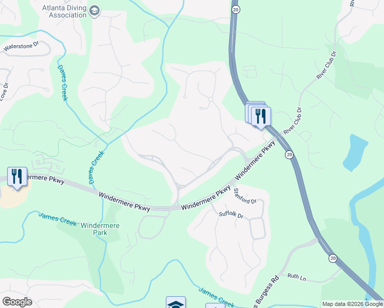 map of restaurants, bars, coffee shops, grocery stores, and more near 1611 Heathrow Drive in Cumming