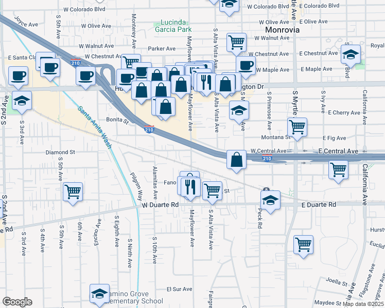 map of restaurants, bars, coffee shops, grocery stores, and more near 1508 Mayflower Avenue in Monrovia