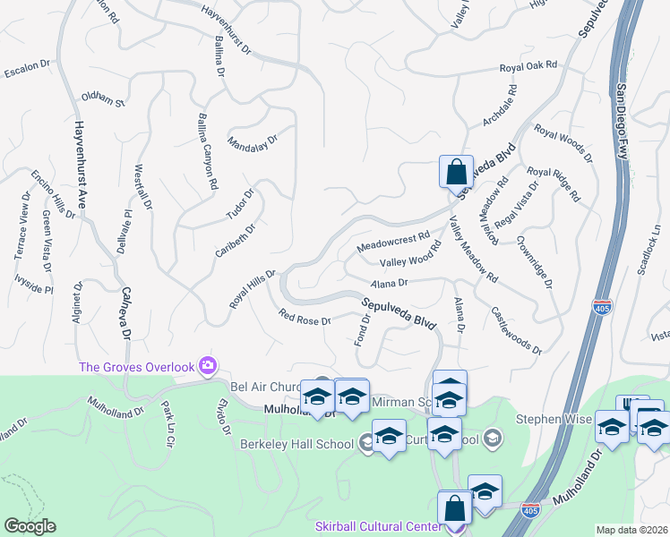map of restaurants, bars, coffee shops, grocery stores, and more near 16138 Meadowcrest Road in Los Angeles