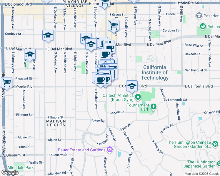 map of restaurants, bars, coffee shops, grocery stores, and more near 605 South Lake Avenue in Pasadena
