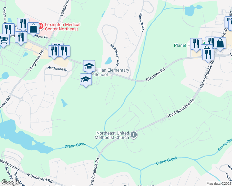 map of restaurants, bars, coffee shops, grocery stores, and more near 847 Killian Station Drive in Columbia