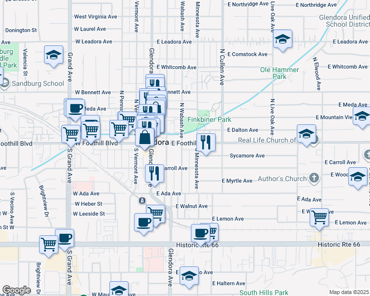 map of restaurants, bars, coffee shops, grocery stores, and more near 116 South Wabash Avenue in Glendora