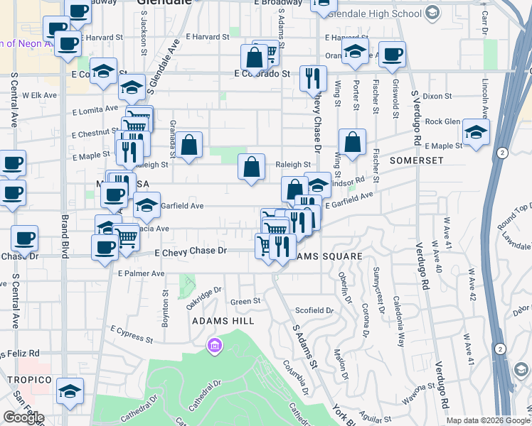 map of restaurants, bars, coffee shops, grocery stores, and more near 1004 East Garfield Avenue in Glendale