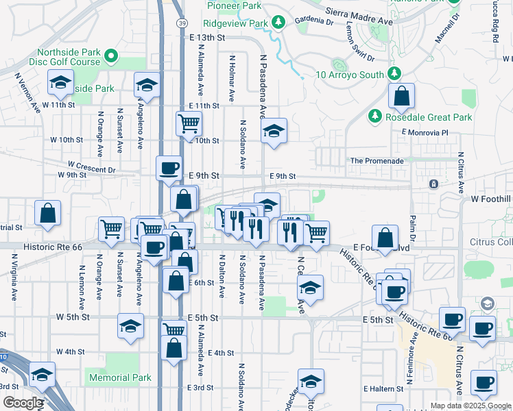 map of restaurants, bars, coffee shops, grocery stores, and more near 435 East 8th Street in Azusa