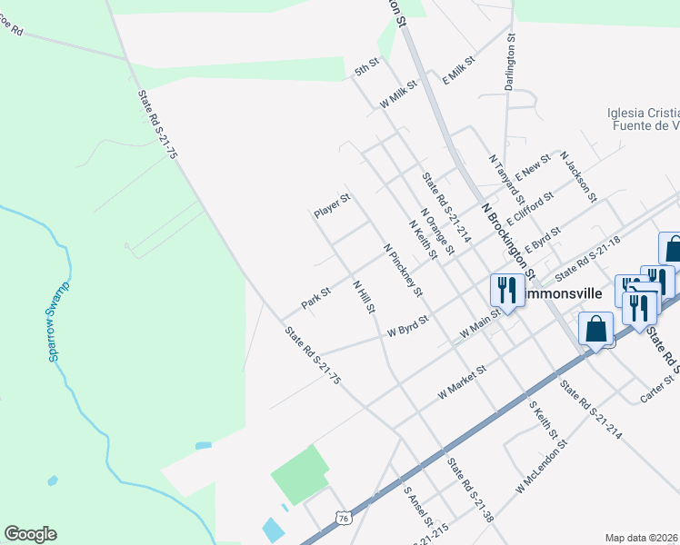map of restaurants, bars, coffee shops, grocery stores, and more near 501 Park Street in Timmonsville
