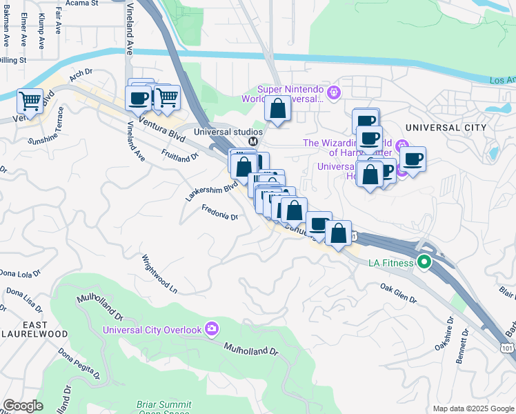 map of restaurants, bars, coffee shops, grocery stores, and more near 3731 Cahuenga Boulevard in Los Angeles