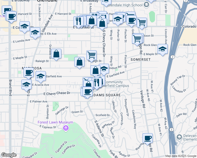 map of restaurants, bars, coffee shops, grocery stores, and more near 1126 E Garfield Ave in Glendale