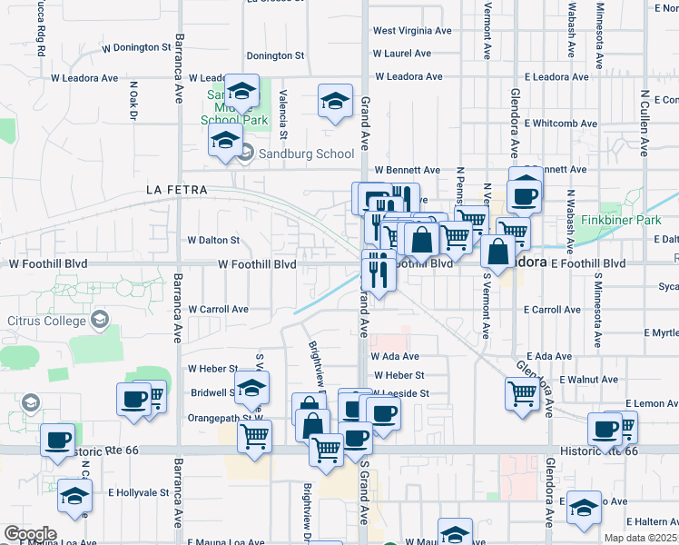 map of restaurants, bars, coffee shops, grocery stores, and more near 550 West Foothill Boulevard in Glendora