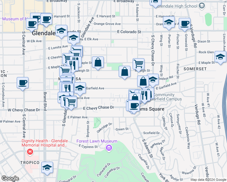 map of restaurants, bars, coffee shops, grocery stores, and more near 804 East Garfield Avenue in Glendale