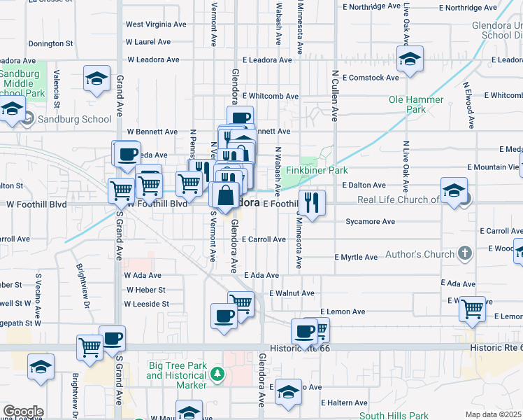 map of restaurants, bars, coffee shops, grocery stores, and more near 118s South Vista Bonita Avenue in Glendora