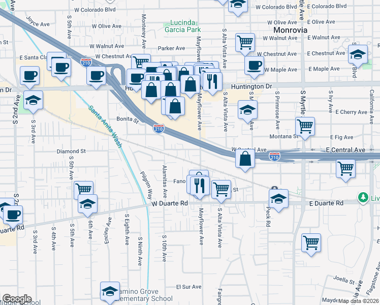 map of restaurants, bars, coffee shops, grocery stores, and more near 516 Diamond Street in Monrovia