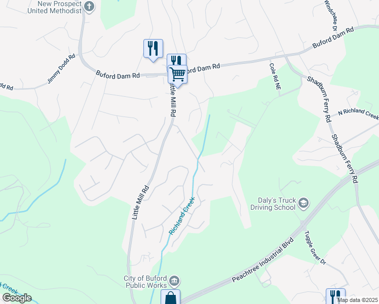 map of restaurants, bars, coffee shops, grocery stores, and more near 2125 Mina Lane Drive Northeast in Buford