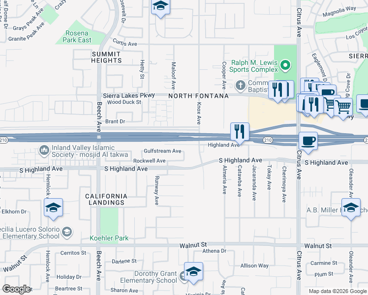 map of restaurants, bars, coffee shops, grocery stores, and more near 15712 Gulfstream Avenue in Fontana