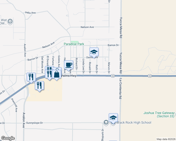 map of restaurants, bars, coffee shops, grocery stores, and more near 59006 Twentynine Palms Highway in Yucca Valley
