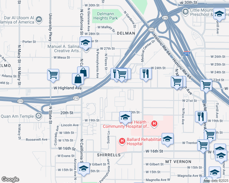 map of restaurants, bars, coffee shops, grocery stores, and more near 1795 West Highland Avenue in San Bernardino