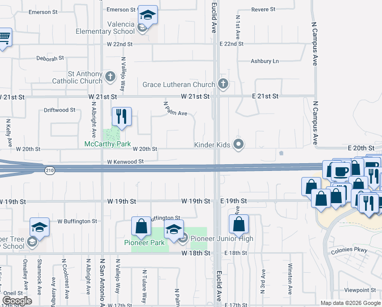 map of restaurants, bars, coffee shops, grocery stores, and more near 232 West 20th Street in Upland