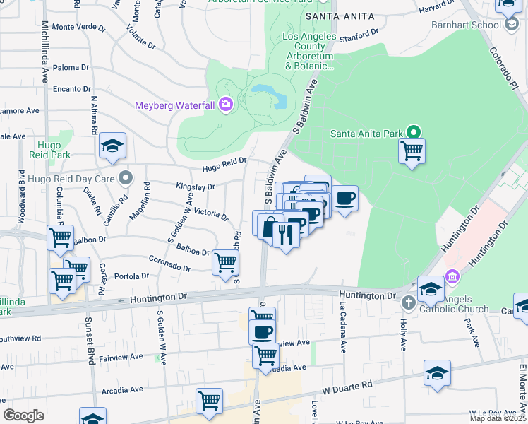 map of restaurants, bars, coffee shops, grocery stores, and more near 421 South Baldwin Avenue in Arcadia