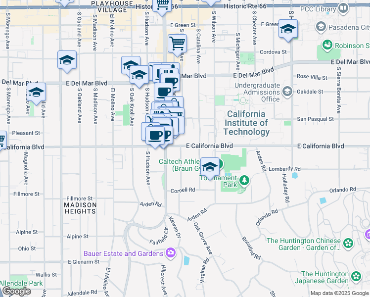 map of restaurants, bars, coffee shops, grocery stores, and more near 596 South Mentor Avenue in Pasadena