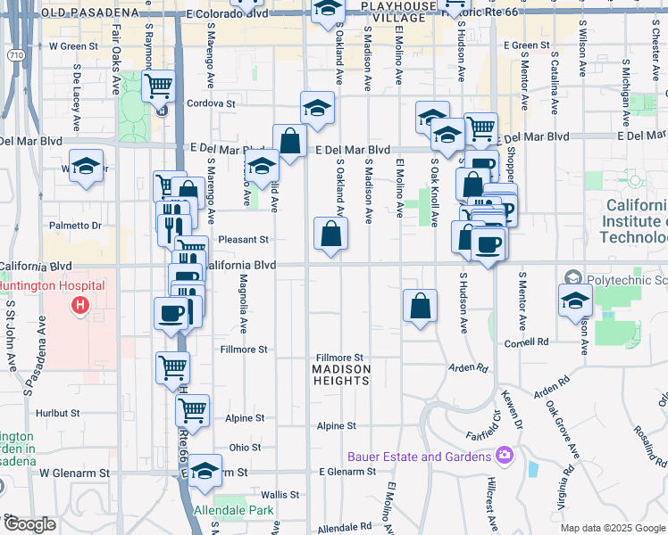 map of restaurants, bars, coffee shops, grocery stores, and more near 589 South Oakland Avenue in Pasadena