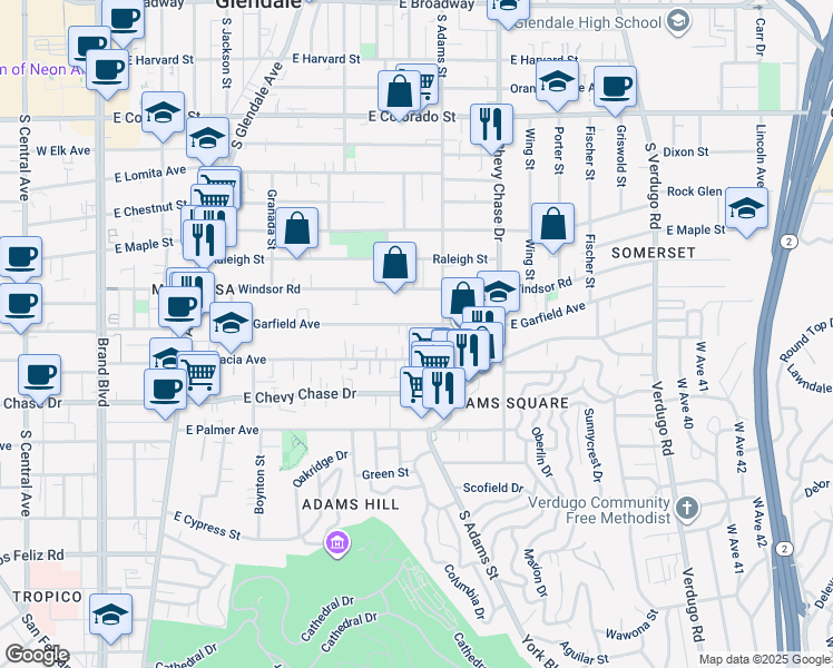 map of restaurants, bars, coffee shops, grocery stores, and more near 916 1/2 East Garfield Avenue in Glendale