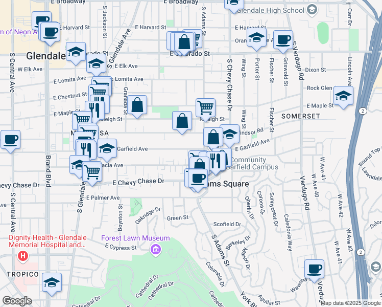map of restaurants, bars, coffee shops, grocery stores, and more near 916 1/2 East Garfield Avenue in Glendale