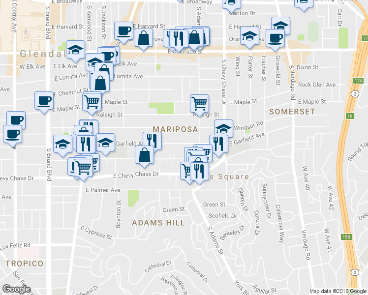 map of restaurants, bars, coffee shops, grocery stores, and more near 916 1/2 East Garfield Avenue in Glendale