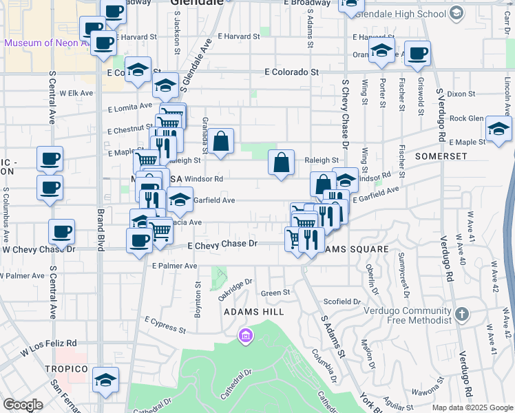 map of restaurants, bars, coffee shops, grocery stores, and more near 804 East Garfield Avenue in Glendale