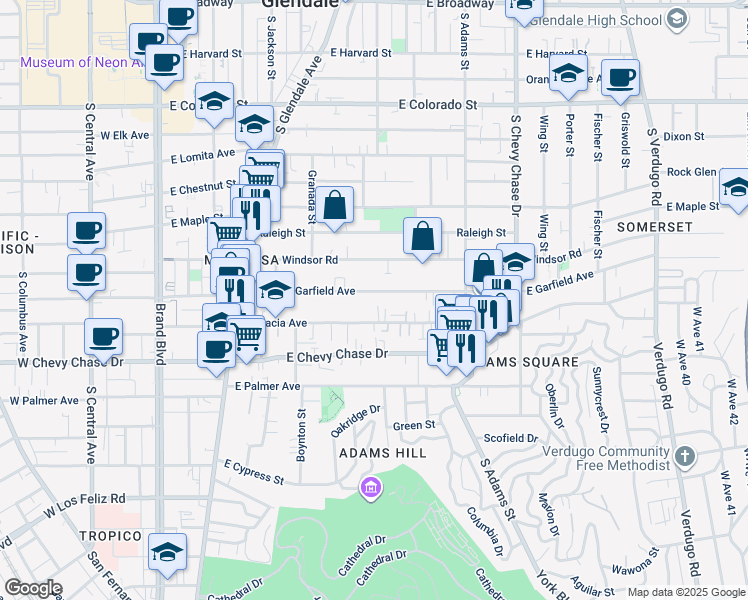 map of restaurants, bars, coffee shops, grocery stores, and more near 804 East Garfield Avenue in Glendale