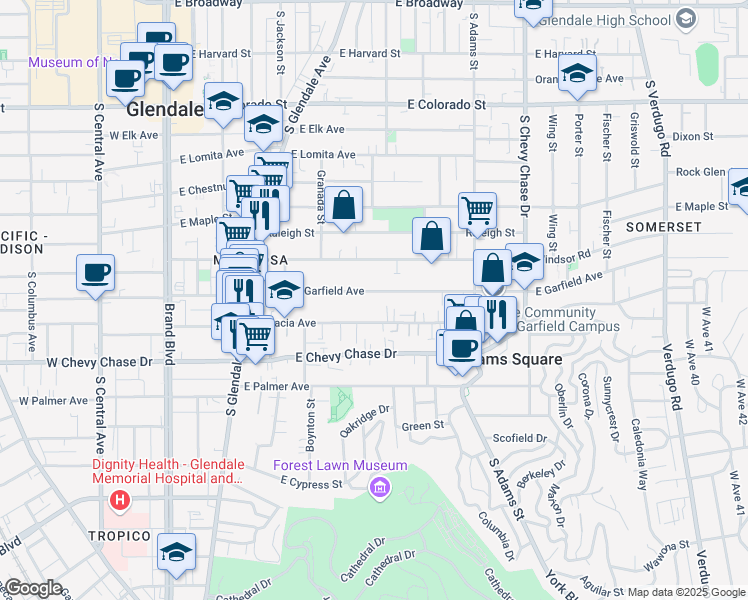 map of restaurants, bars, coffee shops, grocery stores, and more near 704 East Garfield Avenue in Glendale
