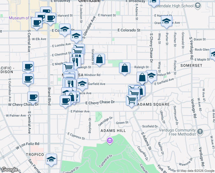 map of restaurants, bars, coffee shops, grocery stores, and more near 704 East Garfield Avenue in Glendale