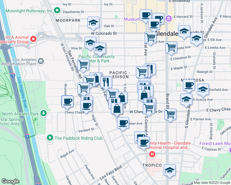map of restaurants, bars, coffee shops, grocery stores, and more near 413 West Garfield Avenue in Glendale