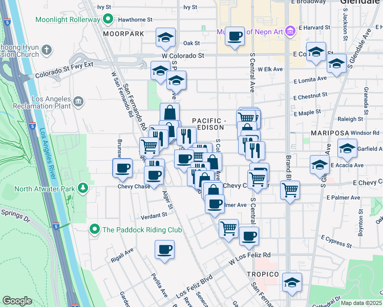 map of restaurants, bars, coffee shops, grocery stores, and more near 453 West Garfield Avenue in Glendale