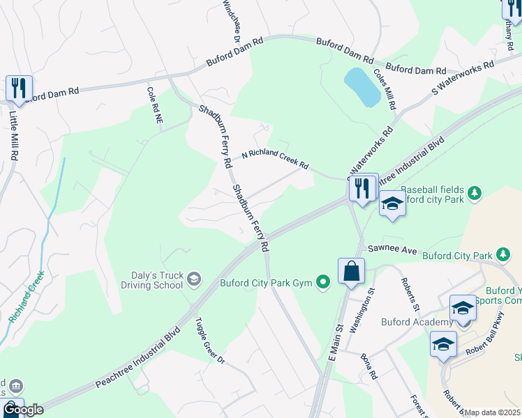 map of restaurants, bars, coffee shops, grocery stores, and more near 2427 Wolf Meadow Lane in Buford
