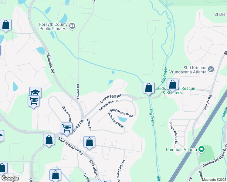 map of restaurants, bars, coffee shops, grocery stores, and more near 5345 Fairmont Glen in Alpharetta